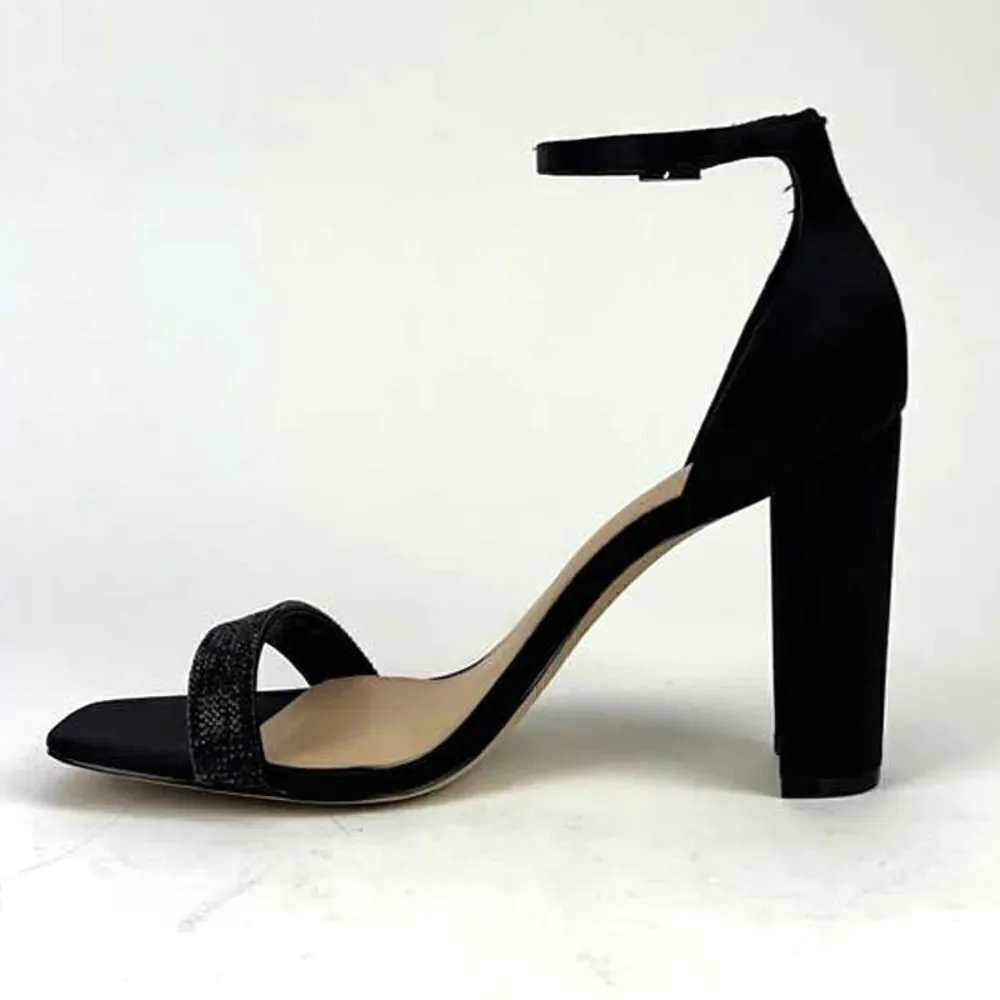 New Jewel Badgley Mischka Women Shoes Black Satin Block Heel Open Sandals US 8.5